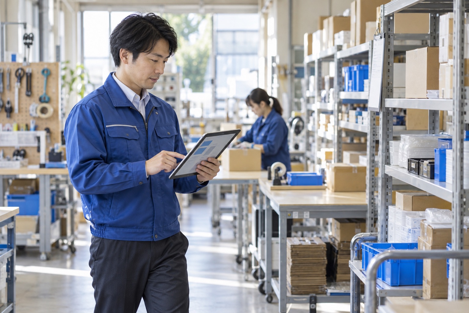 作業現場でタブレットを使い進捗や在庫を確認する担当者
