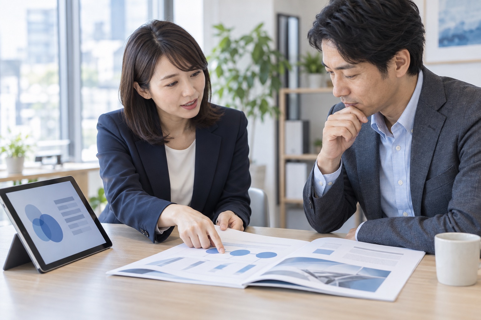 提案資料とタブレットを使って顧客と商談する担当者